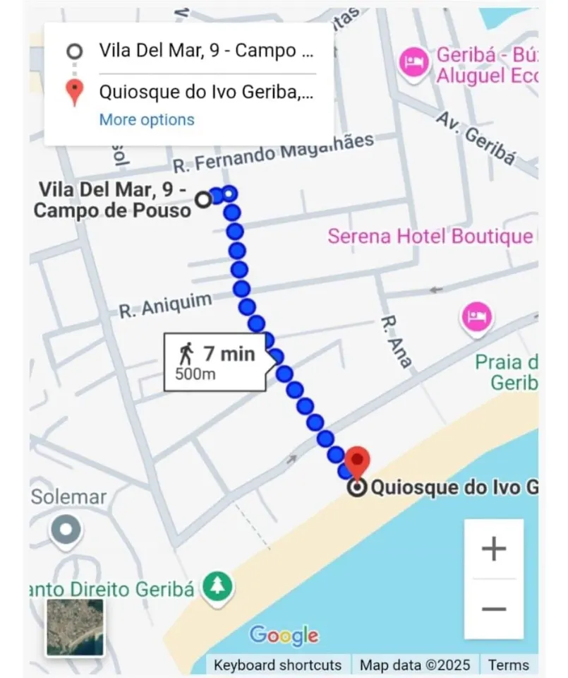 Mapa da rota a pé até a Praia de Geribá